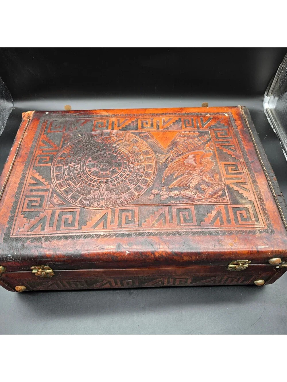 Vintage 1950s House of Oppenheim Mexican Hand Tooled Leather Suitcase Aztec Key